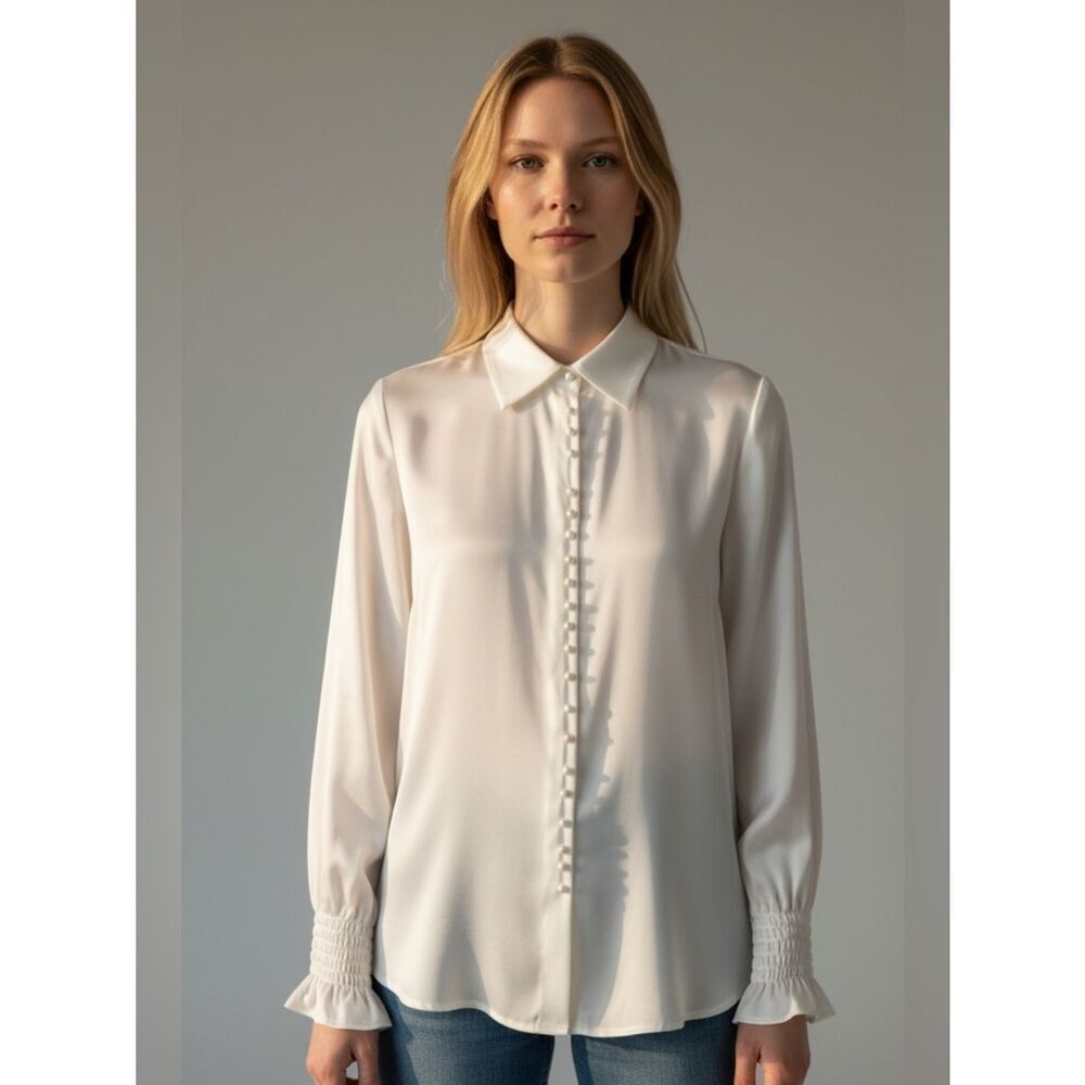 $210 The Kooples button down satin shirt in white NWT